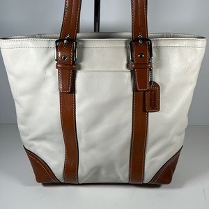 Coach Leather Purse Bag Tote Handbag F11201 White & Tan Hampton